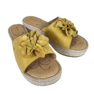 Born Leather Annette Mustard Yellow Flower Canvas Wedge Platform Slides Sandal 7